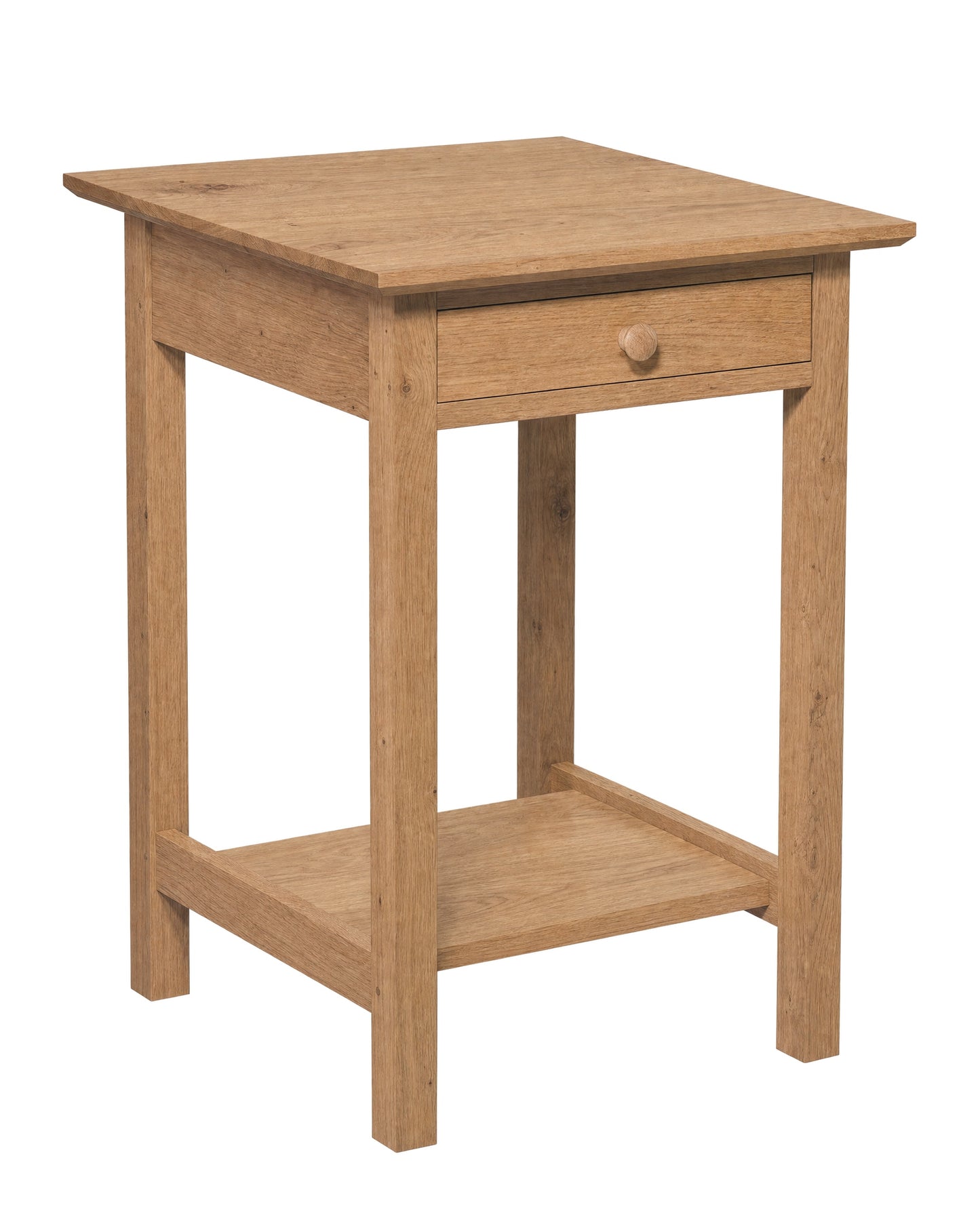 A small wooden side table with a single drawer, a round wooden knob, and an open lower shelf, shown on a plain white background.