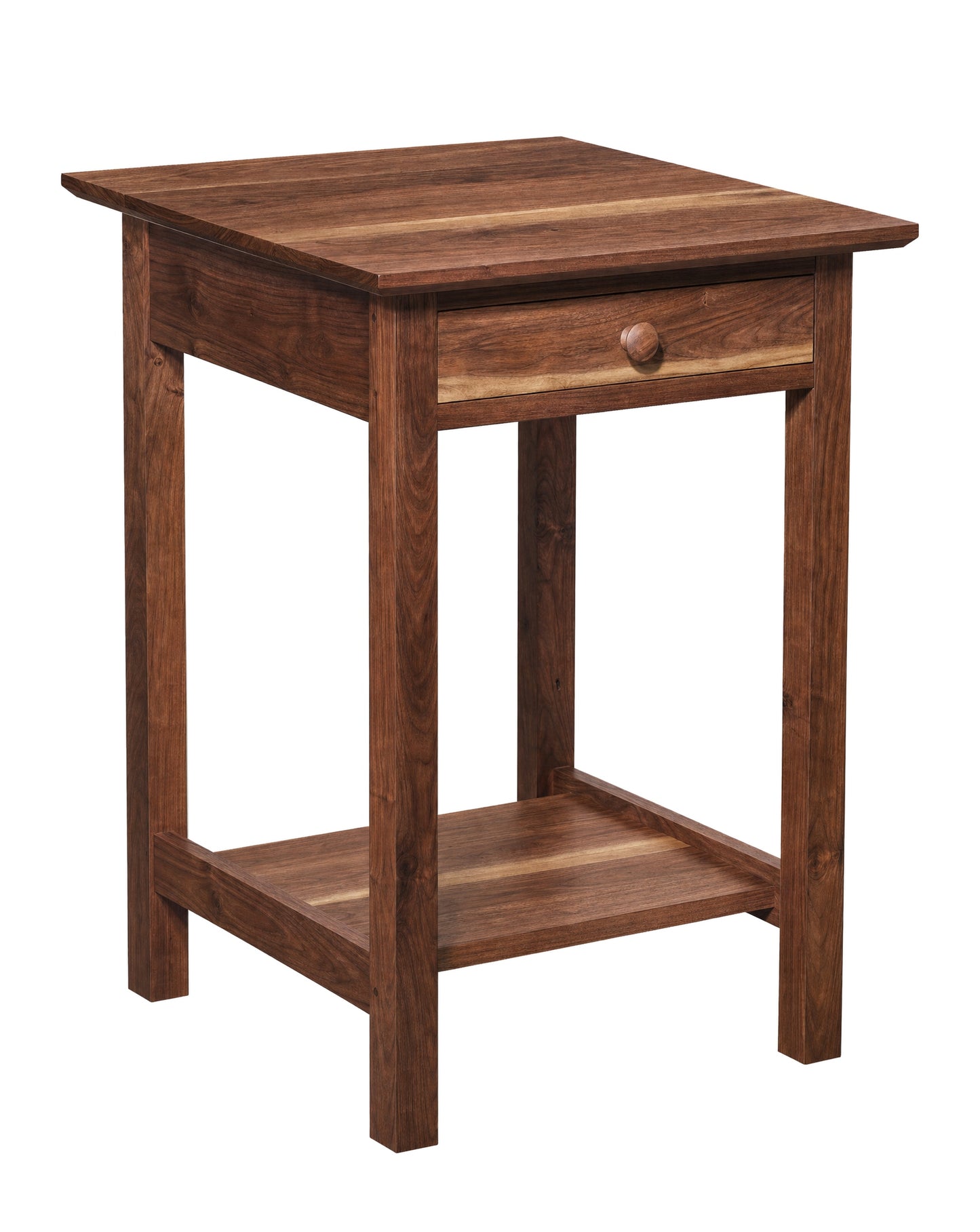 A rustic wooden side table with a single drawer, a round wooden knob, and a lower shelf, shown on a solid white background.