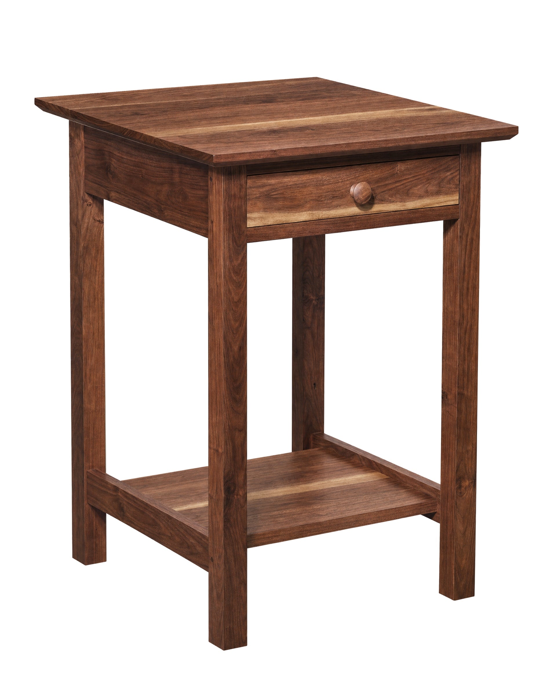 A rustic wooden side table with a single drawer, a round wooden knob, and a lower shelf, shown on a solid white background.