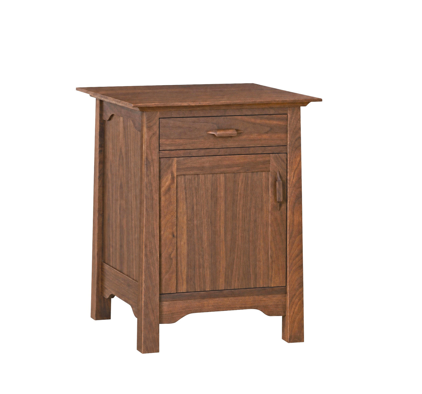 A small wooden nightstand with a medium brown finish, featuring a single drawer on top and a cabinet door below, shown against a plain white background.