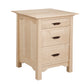 A light natural wood three-drawer nightstand with dark brown wood drawer pulls, shown on a solid white background.