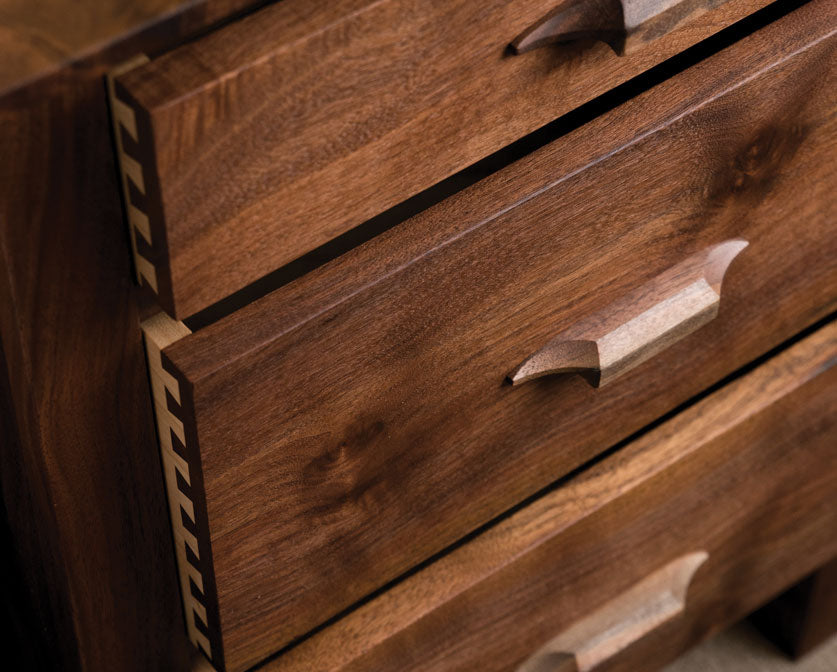 Drawer front detail of Pacific Nightstand in Western Walnut