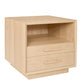 A light natural wood nightstand with two drawers and an open shelf, shown on a plain white background.