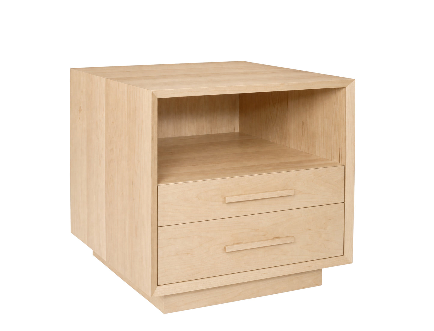 A light natural wood nightstand with two drawers and an open shelf, shown on a plain white background.