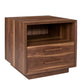 A modern wooden nightstand with a dark walnut finish, featuring two drawers with integrated horizontal handles and an open shelf on top, shown on a plain white background.