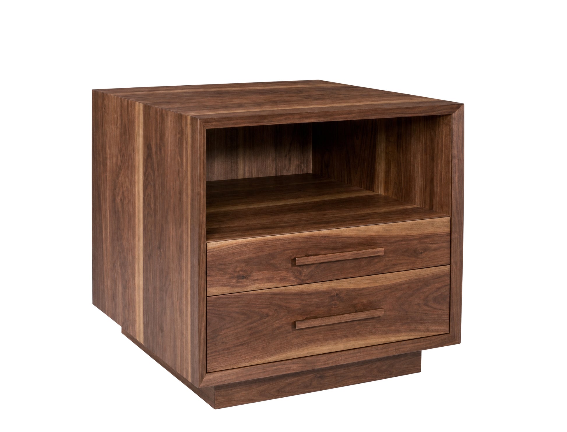 A modern wooden nightstand with a dark walnut finish, featuring two drawers with integrated horizontal handles and an open shelf on top, shown on a plain white background.