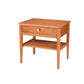 A mid-century modern wooden nightstand with a single drawer, open lower shelf, and a small round brass knob, shown on a solid white background.