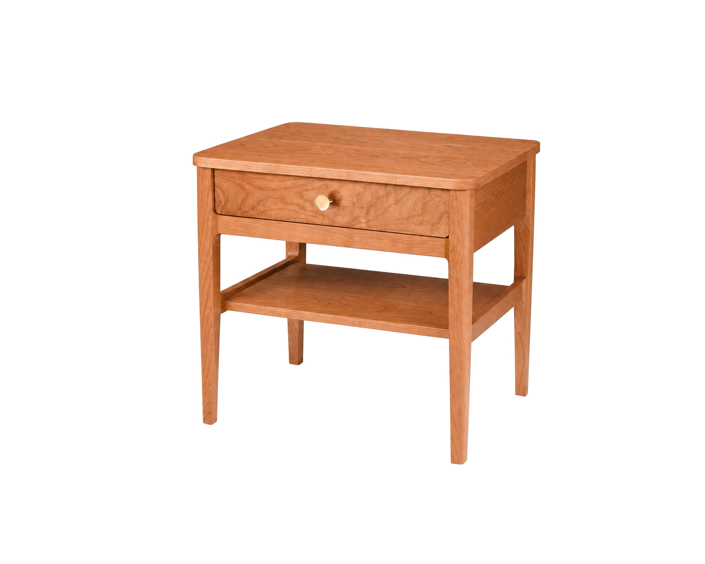 A mid-century modern wooden nightstand with a single drawer, open lower shelf, and a small round brass knob, shown on a solid white background.