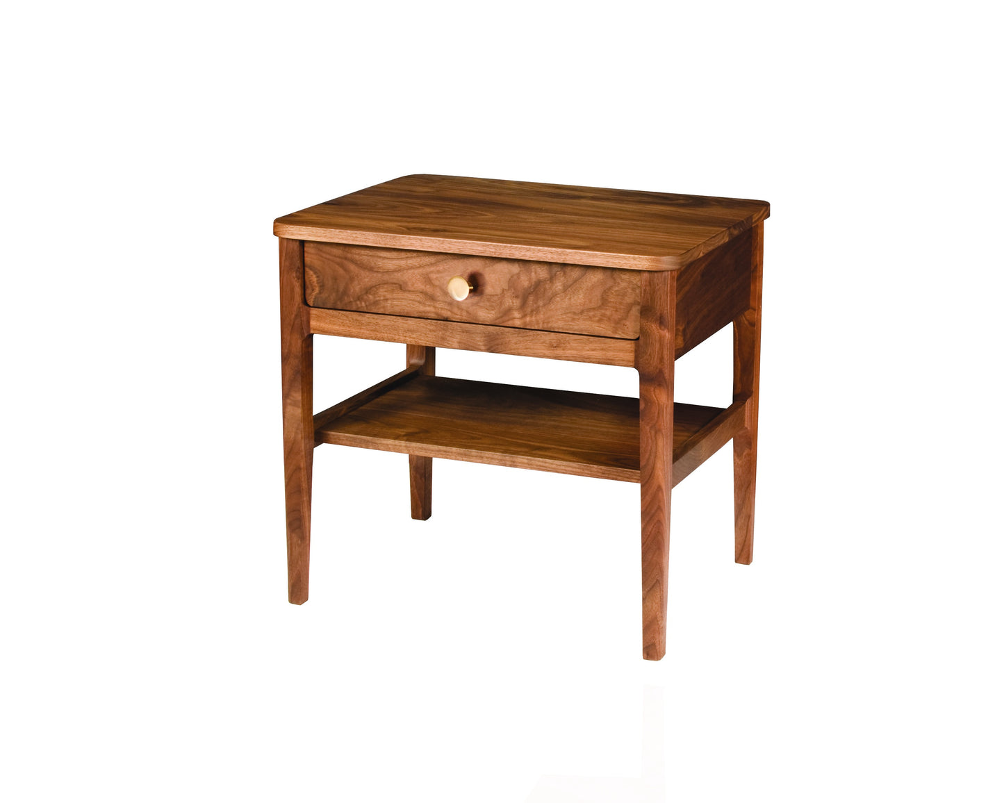 A mid-century modern wooden nightstand with a single drawer, open lower shelf, and a round brass knob, shown on a white background.