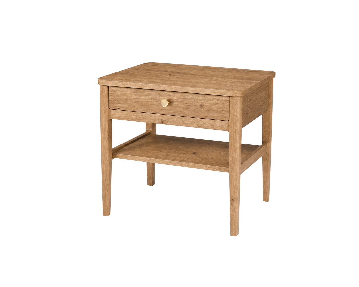 A light oak wood nightstand with a single drawer, a round brass knob, and an open lower shelf, shown on a plain white background.