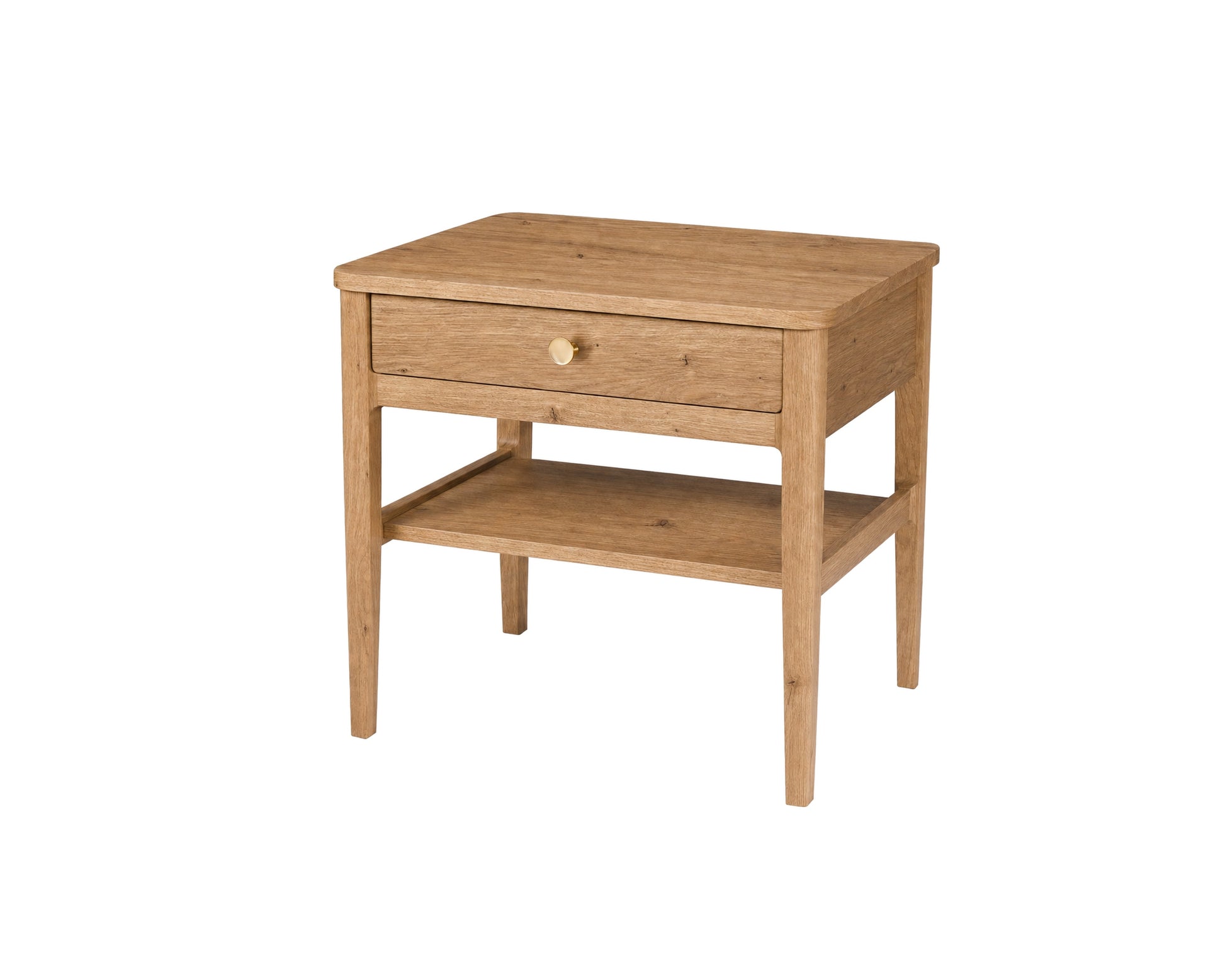 A light oak wood nightstand with a single drawer, a round brass knob, and an open lower shelf, shown on a plain white background.