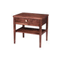 A mid-century modern wooden nightstand with a single drawer, open lower shelf, and a small round brass knob, shown on a solid white background.