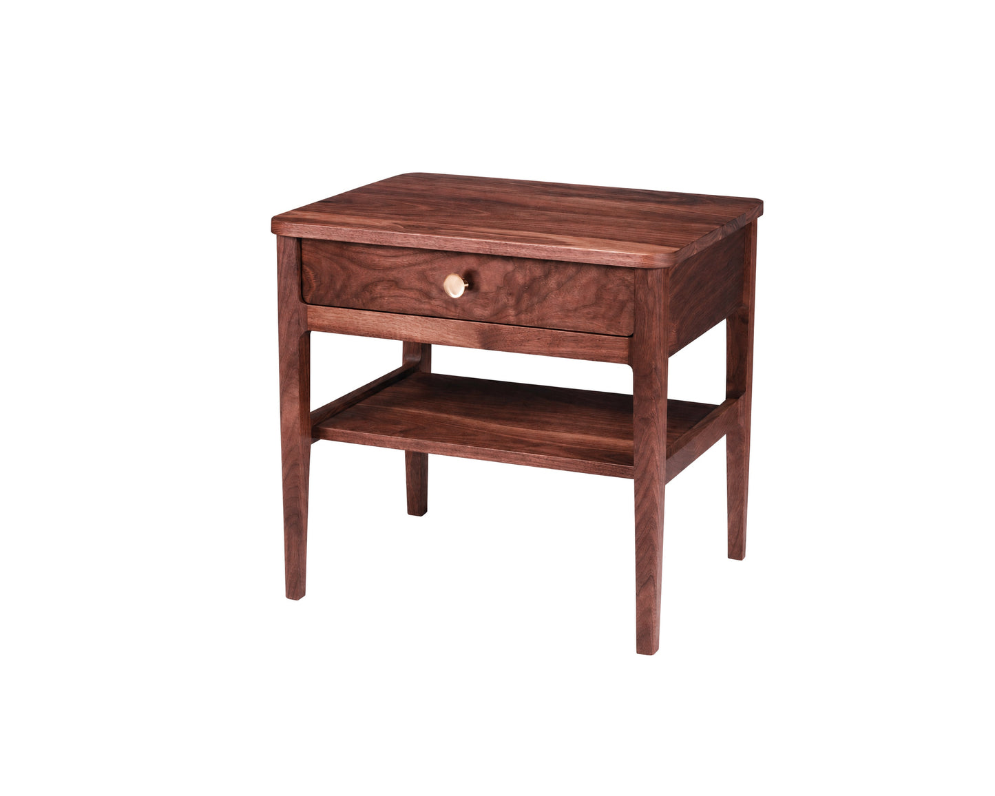 A mid-century modern wooden nightstand with a single drawer, open lower shelf, and a small round brass knob, shown on a solid white background.
