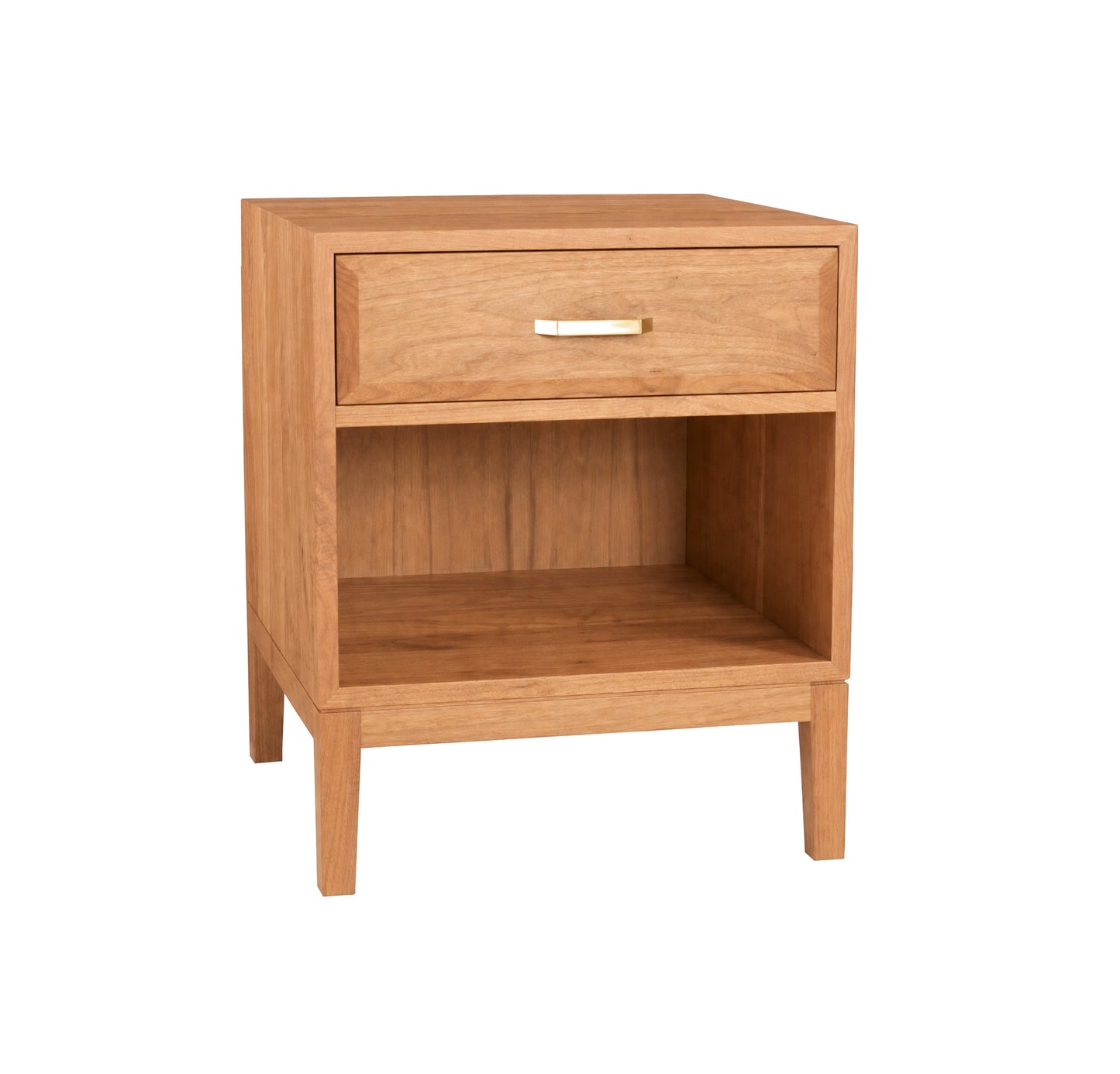 A mid-century modern wooden nightstand with a single drawer, open lower shelf, and tapered legs, finished in a warm medium brown wood tone with a small gold metal handle.