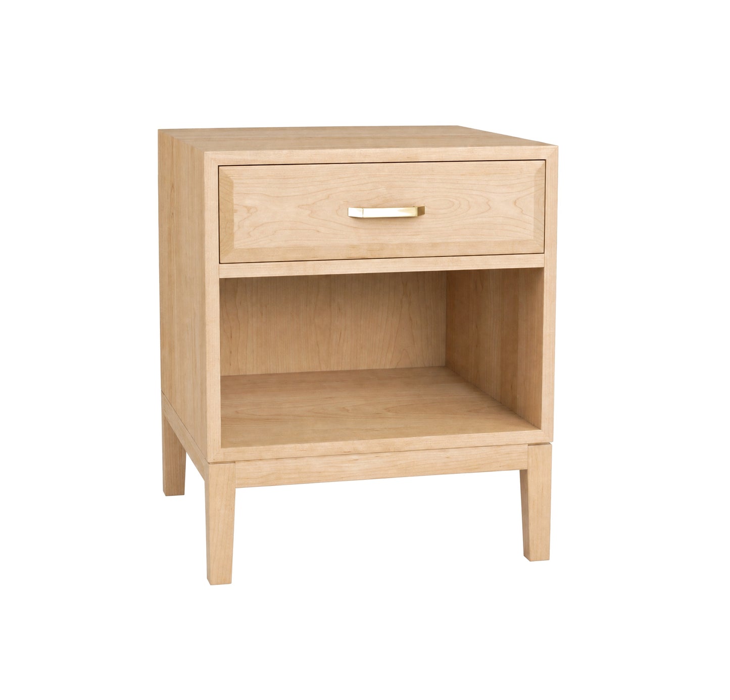A light natural oak nightstand with a single drawer featuring a gold metal pull handle and an open lower shelf, shown on a solid white background.