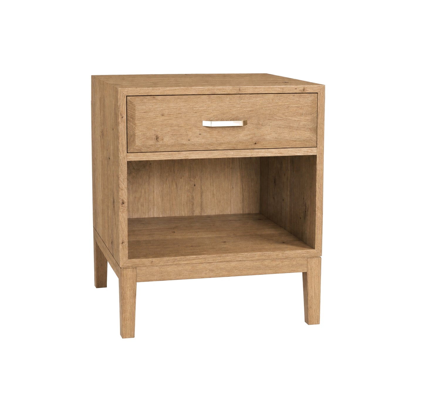 A light oak wood nightstand with a single drawer featuring a silver metal pull handle and an open lower shelf, shown on a plain white background.
