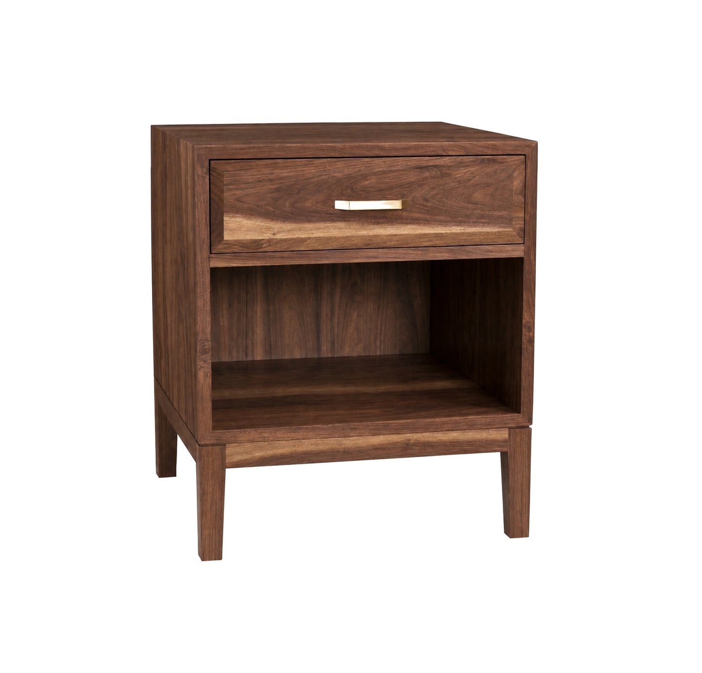 A mid-century modern wooden nightstand with a single drawer, open lower shelf, and tapered legs, finished in dark walnut brown with a small silver metal handle.