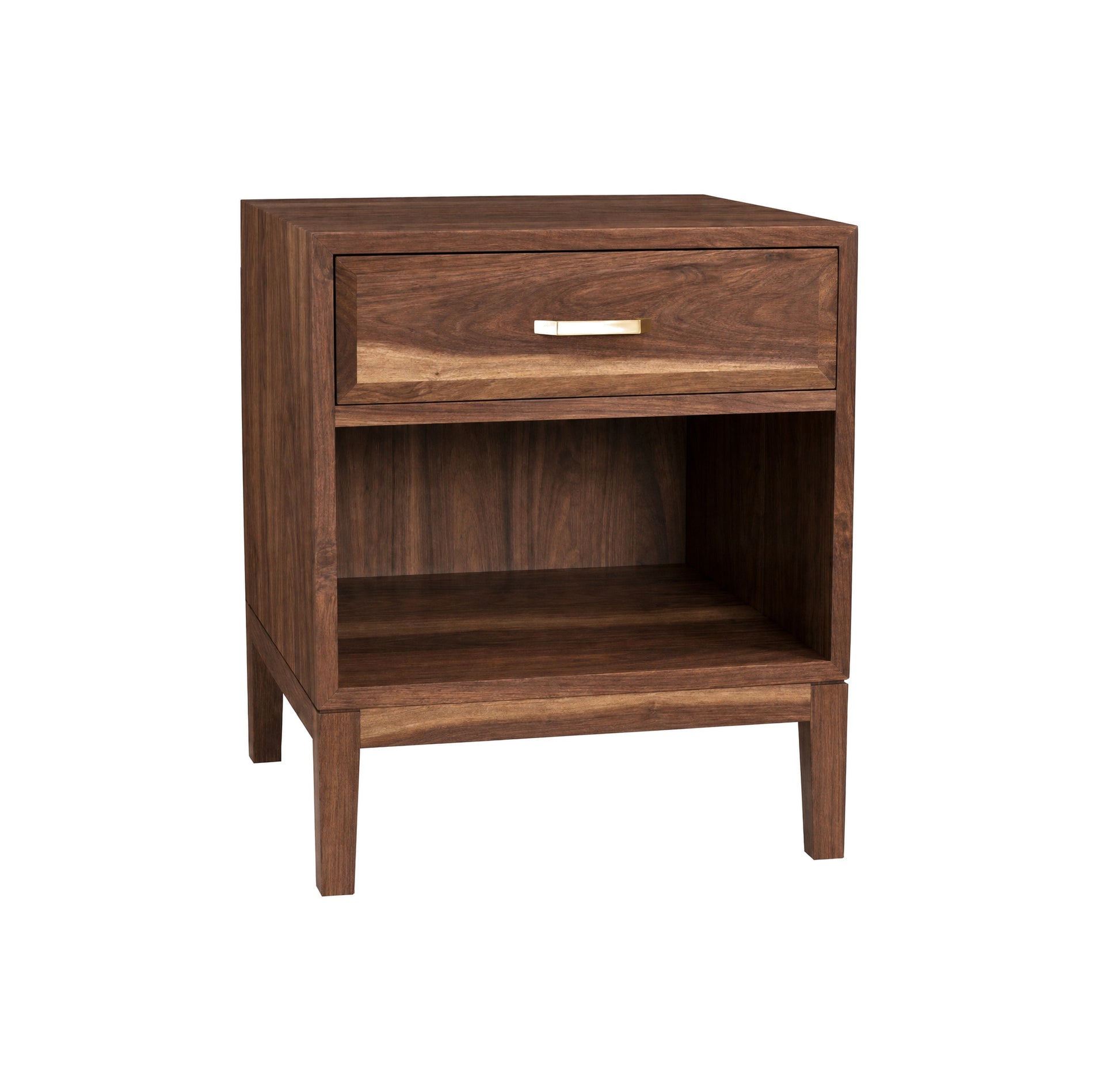 A mid-century modern wooden nightstand with a single drawer, open lower shelf, and tapered legs, finished in dark walnut brown with a small silver metal handle.