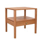 A mid-century modern wooden end table with a single drawer, featuring a warm medium-brown wood finish and a small brass knob, isolated on a white background.