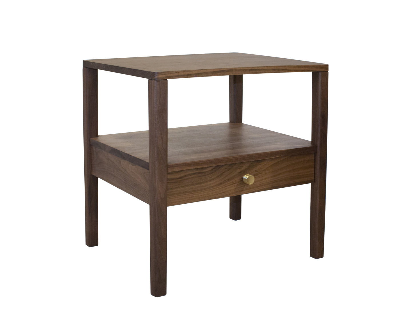 A dark brown wooden side table with a single drawer featuring a brass pull handle, set against a plain white background.