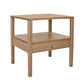 A light oak wood end table with a single drawer featuring a small brass pull handle, set against a plain white background.