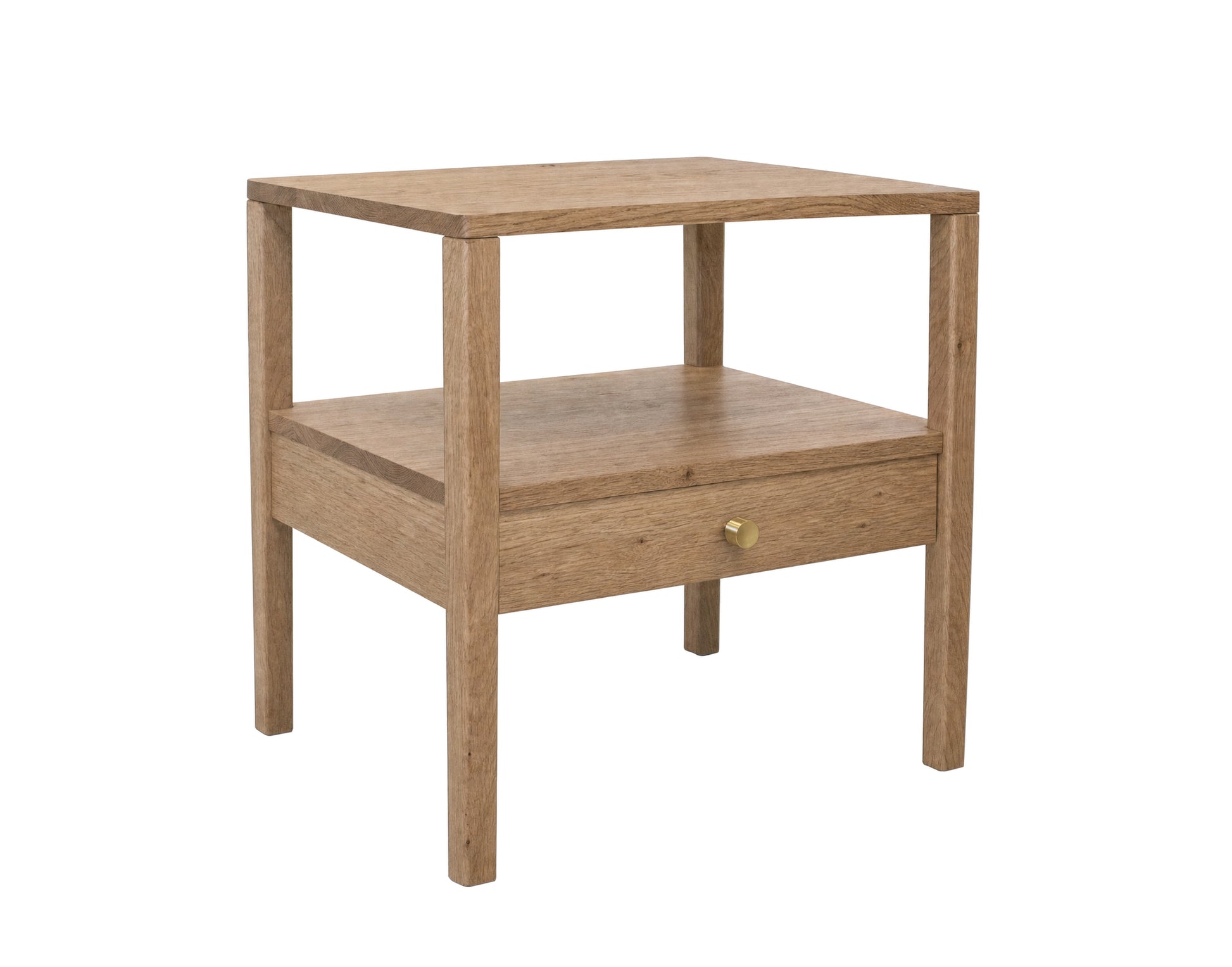 A light oak wood end table with a single drawer featuring a small brass pull handle, set against a plain white background.