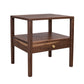 A dark brown wooden side table with a single drawer featuring a brass pull handle, set against a plain white background.