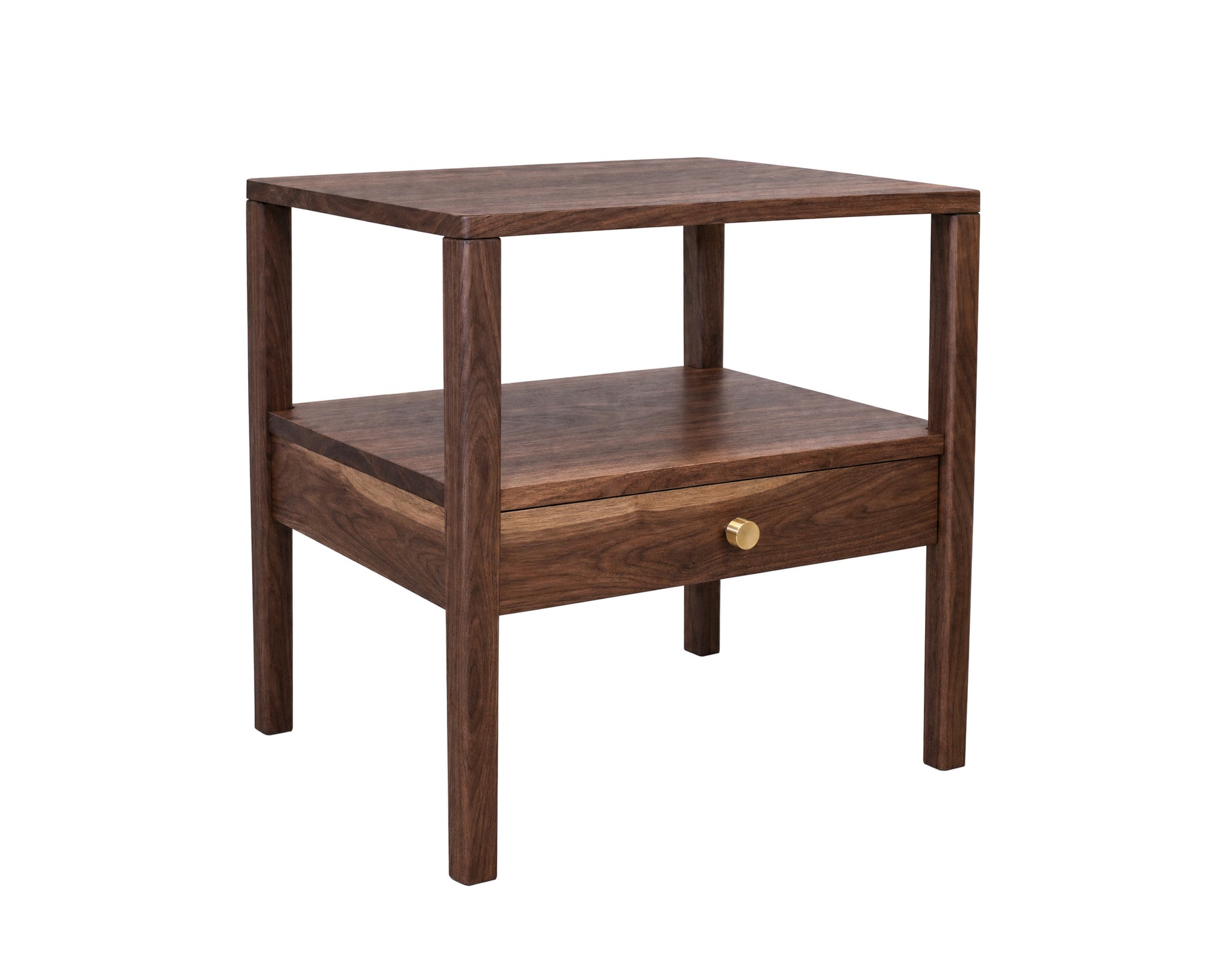 A dark brown wooden side table with a single drawer featuring a brass pull handle, set against a plain white background.