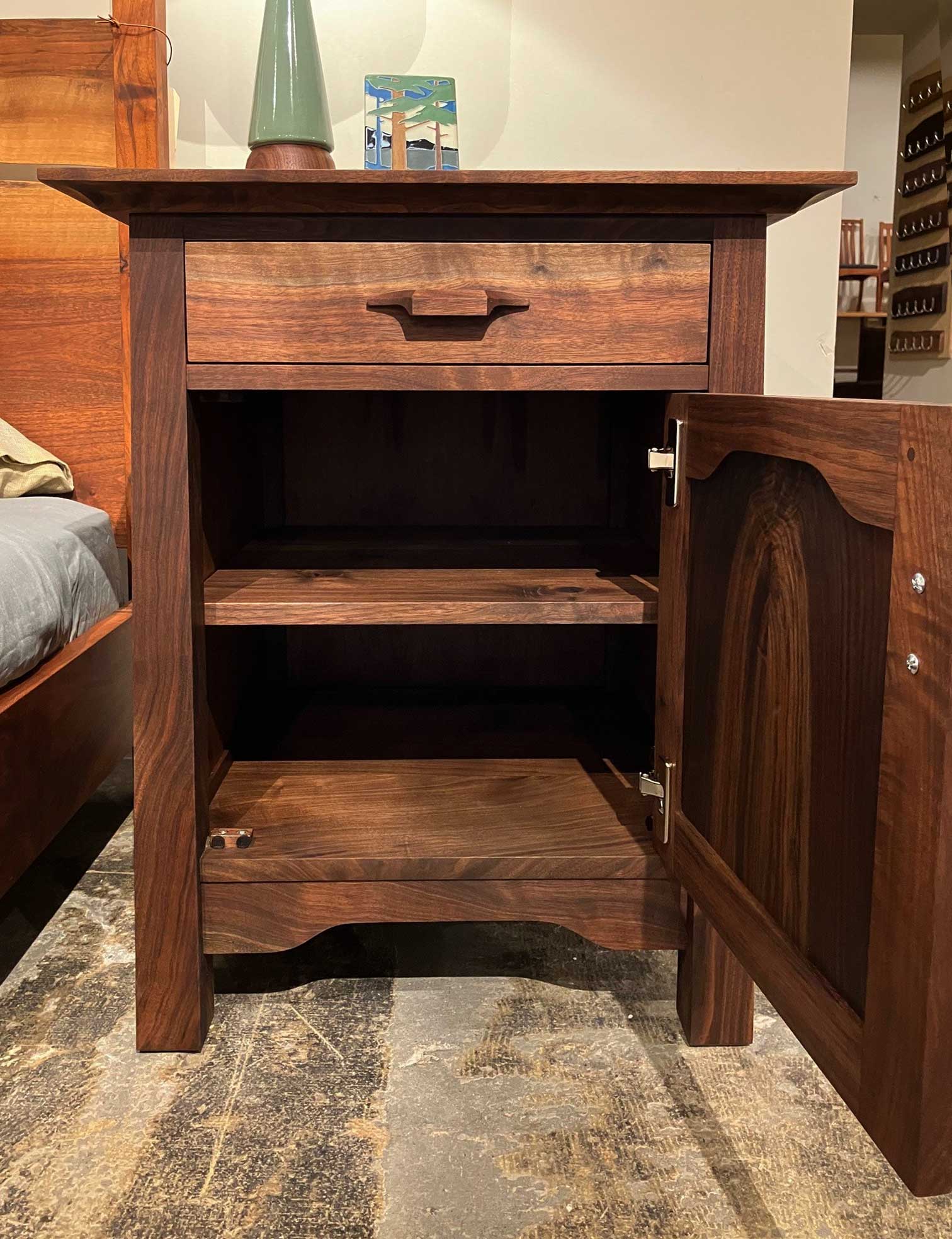 The Joinery walnut Pacific Nightstand with adjustable shelf and drawer. 