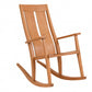A wooden rocking chair with a warm medium-brown finish, featuring a slatted backrest and curved rockers, isolated on a white background.