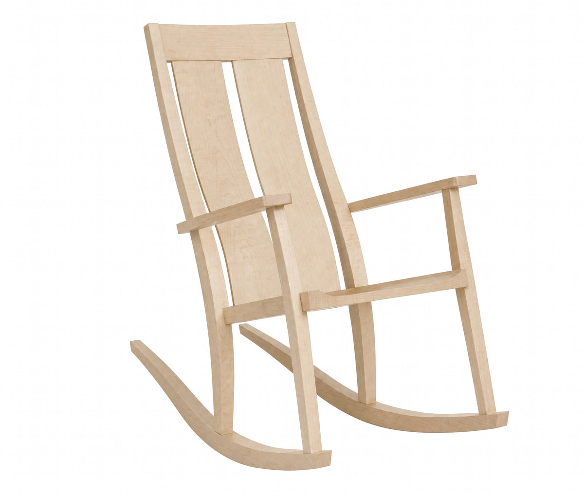 A light natural wood rocking chair with a slatted backrest and curved rockers, shown against a plain white background.