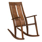 A wooden rocking chair with a warm medium-brown finish and visible wood grain, shown against a plain white background.