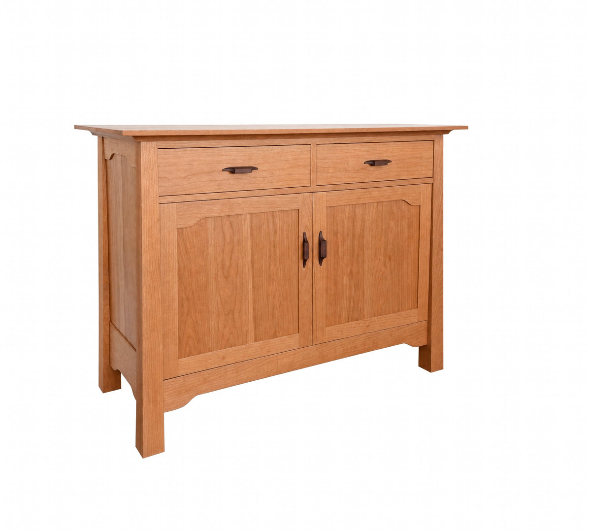 A Cherry wood sideboard cabinet with two drawers on top and two paneled doors below, featuring dark wood handles, shown on a plain white background.