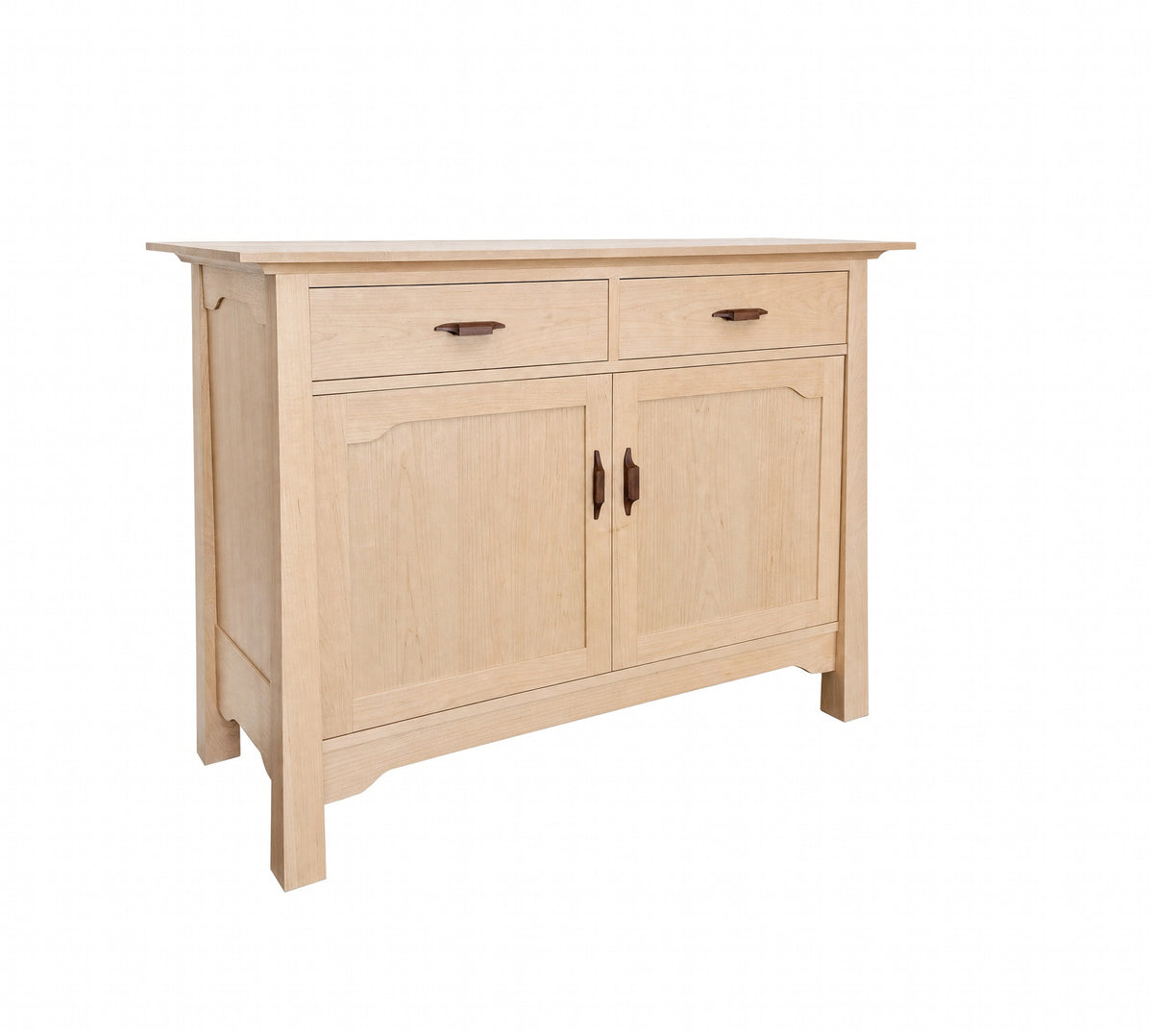 A Maple wood sideboard cabinet with two drawers on top and two paneled doors below, featuring dark wood handles, shown on a plain white background.