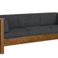 A three-seater wooden sofa with dark gray textured fabric cushions, shown from a three-quarter angle against a plain white background.