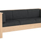 A three-seat wooden sofa with a light natural oak frame and dark charcoal gray fabric cushions, shown from a three-quarter angle on a white background.
