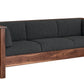 A three-seater wooden sofa with dark charcoal gray fabric cushions, featuring a rich walnut-like wood frame and armrests, shown against a plain white background.