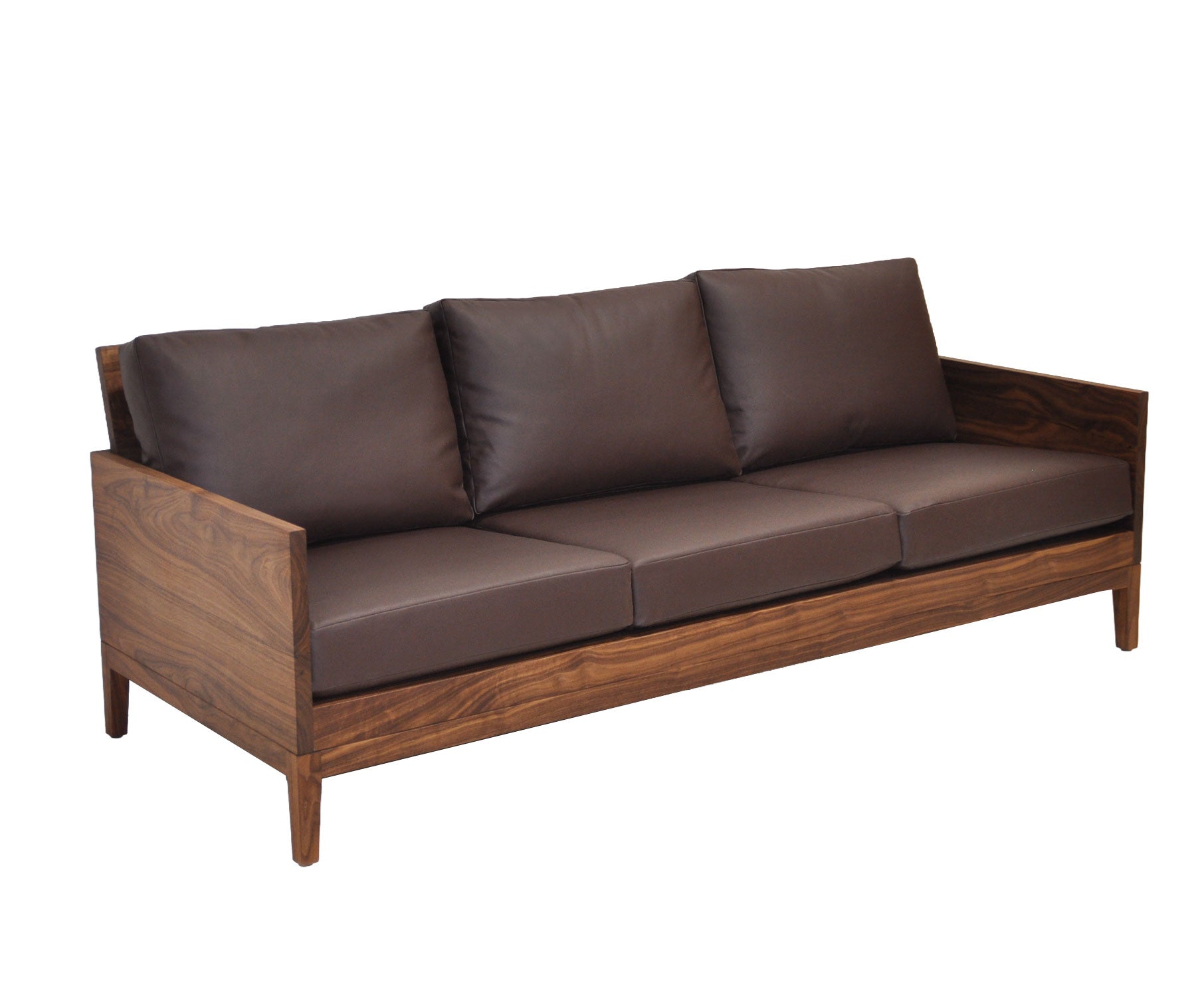 Clyde Sofa with Chocolate Leather and handcrafted in Eastern Walnut