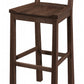 A dark brown wooden barstool with a curved backrest and square seat, shown on a plain white background.