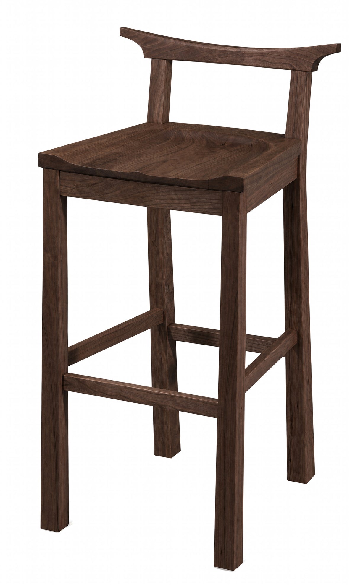 A dark brown wooden barstool with a curved backrest and square seat, shown on a plain white background.