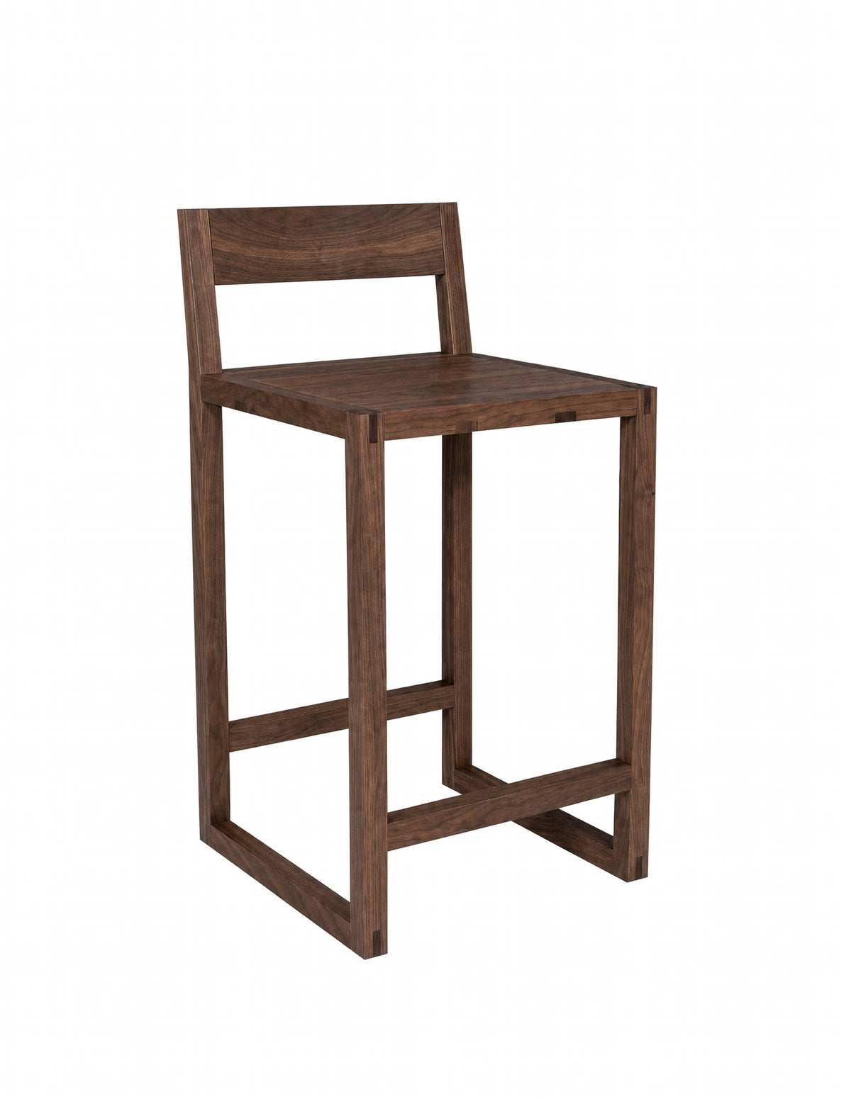A dark brown wooden barstool with a minimalist backrest and open frame legs, shown against a plain white background.