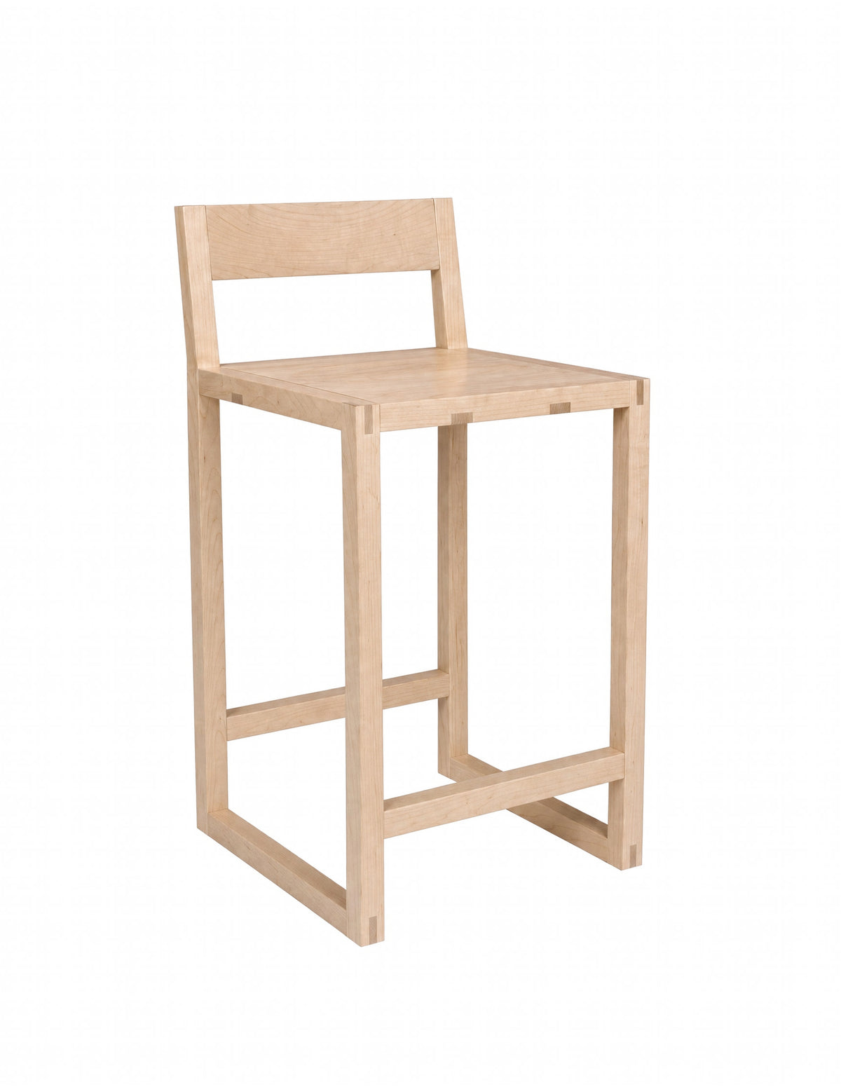 A minimalist light oak wood bar stool with a backrest, shown from a three-quarter angle on a solid white background.