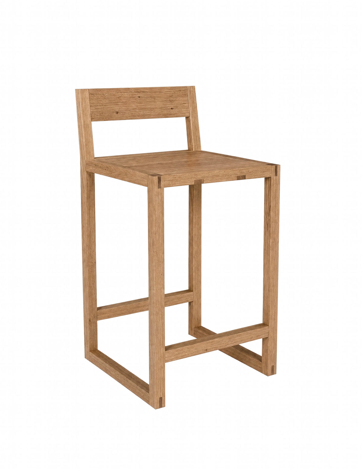 A modern wooden bar stool with a slatted backrest and open frame legs, shown on a plain white background.