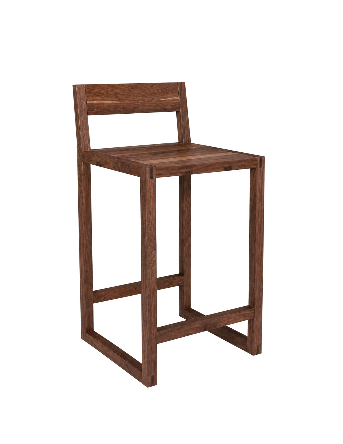 A modern wooden bar stool with a backrest, featuring a warm brown wood finish and a minimalist open-frame design, shown on a plain white background.