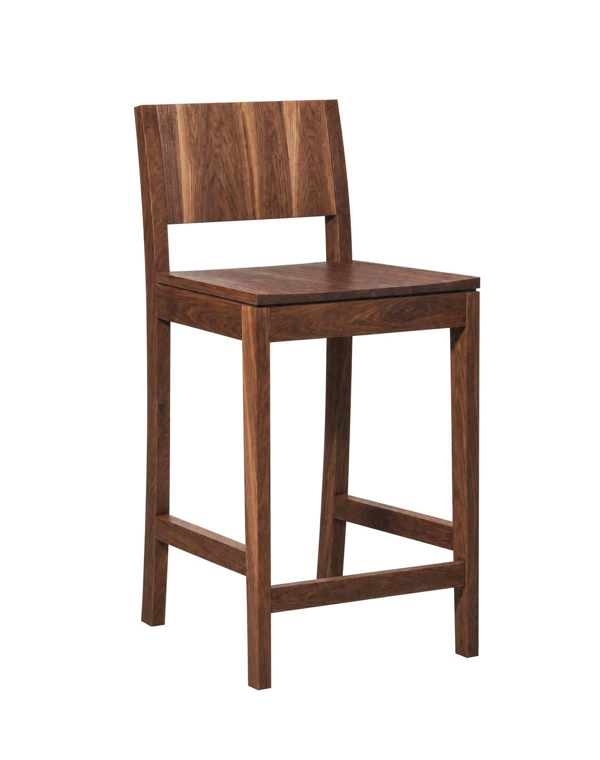 A modern wooden barstool with a dark brown walnut finish, featuring a square seat, a backrest with a central cutout, and front support legs, shown on a plain white background.