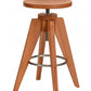 A wooden bar stool with a round seat, three angled legs, and a metal footrest ring, shown on a plain white background.