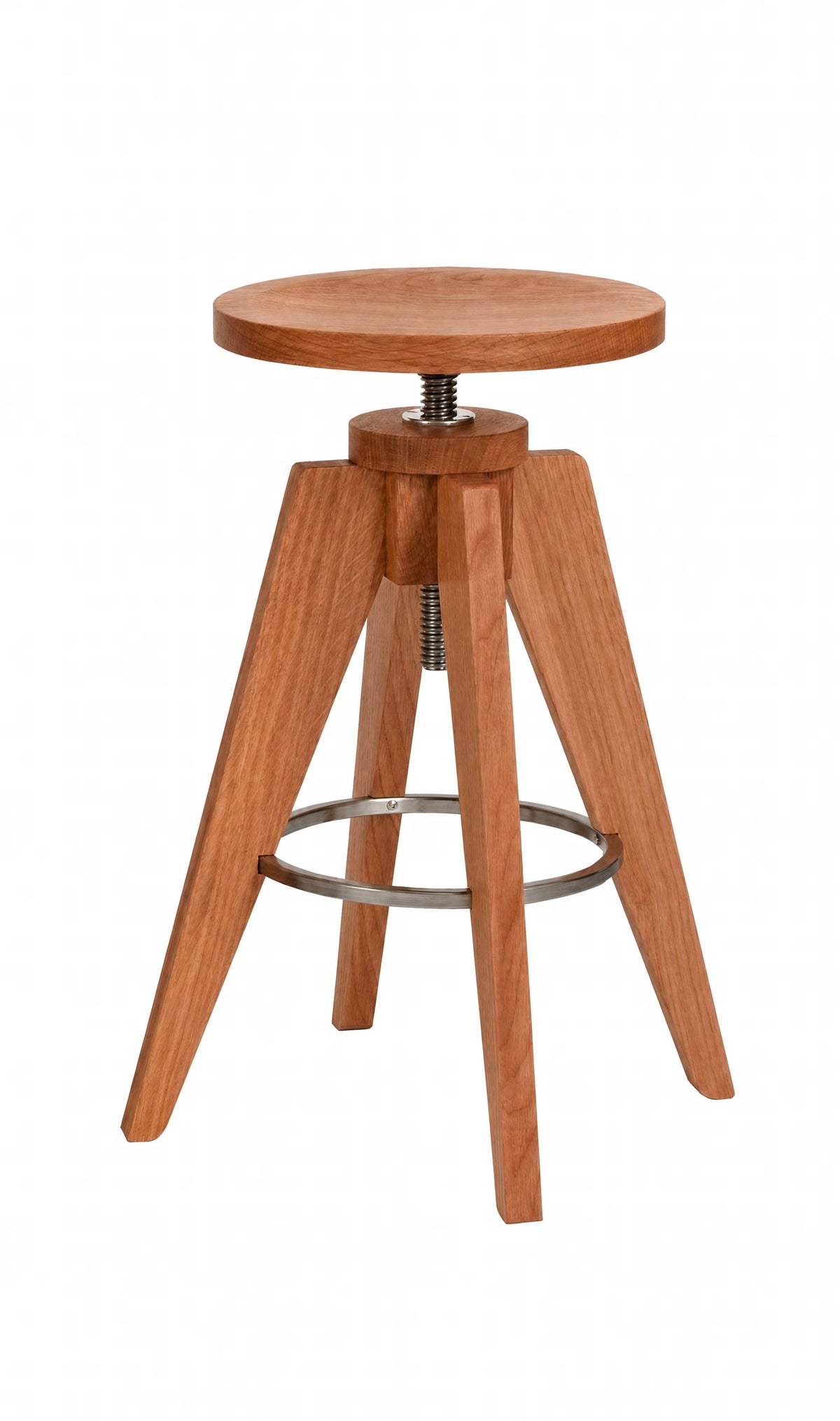 A wooden bar stool with a round seat, three angled legs, and a metal footrest ring, shown on a plain white background.