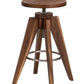 A wooden bar stool with a round seat, four angled legs, and a metal footrest ring, shown on a plain white background.