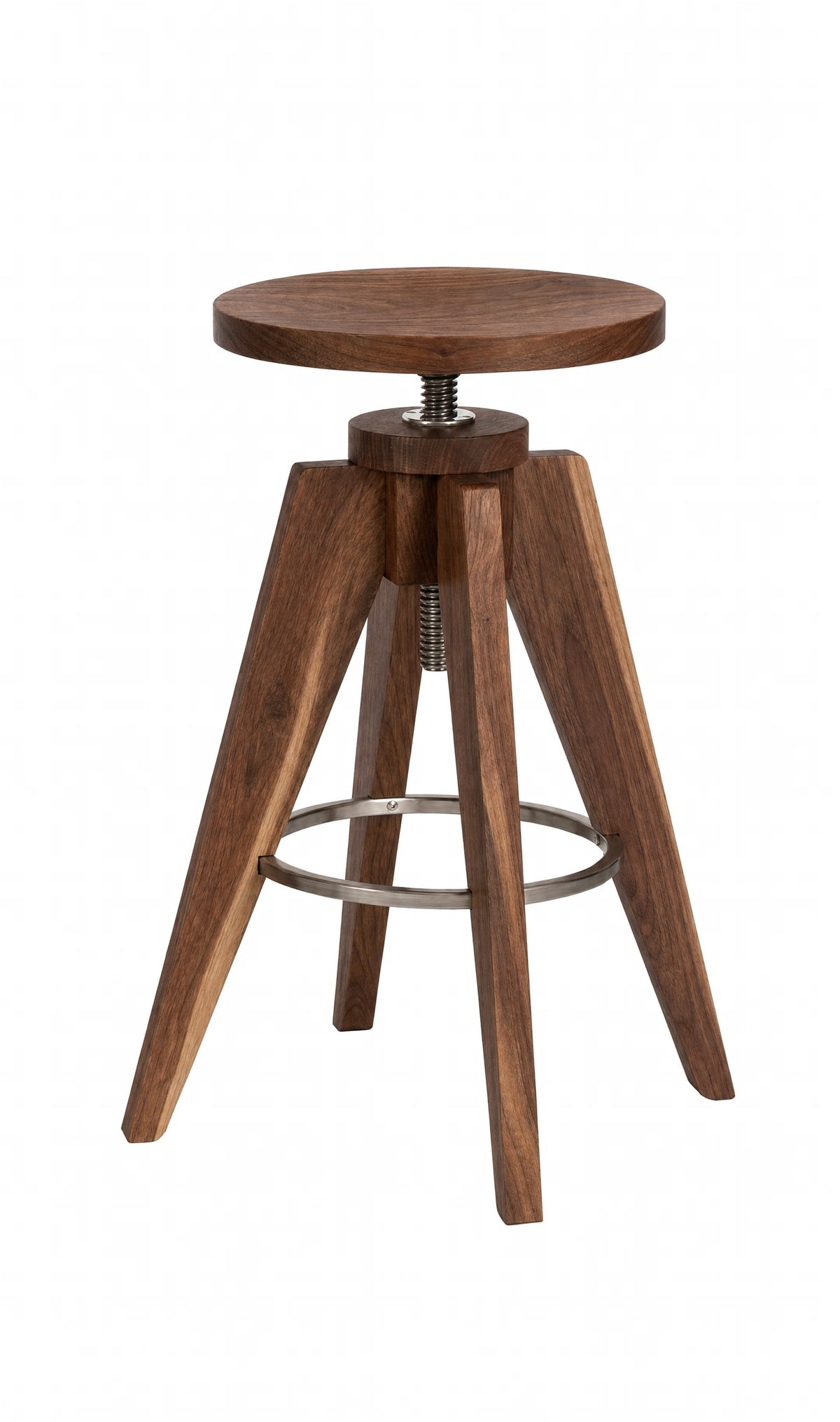 A wooden bar stool with a round seat, four angled legs, and a metal footrest ring, shown on a plain white background.
