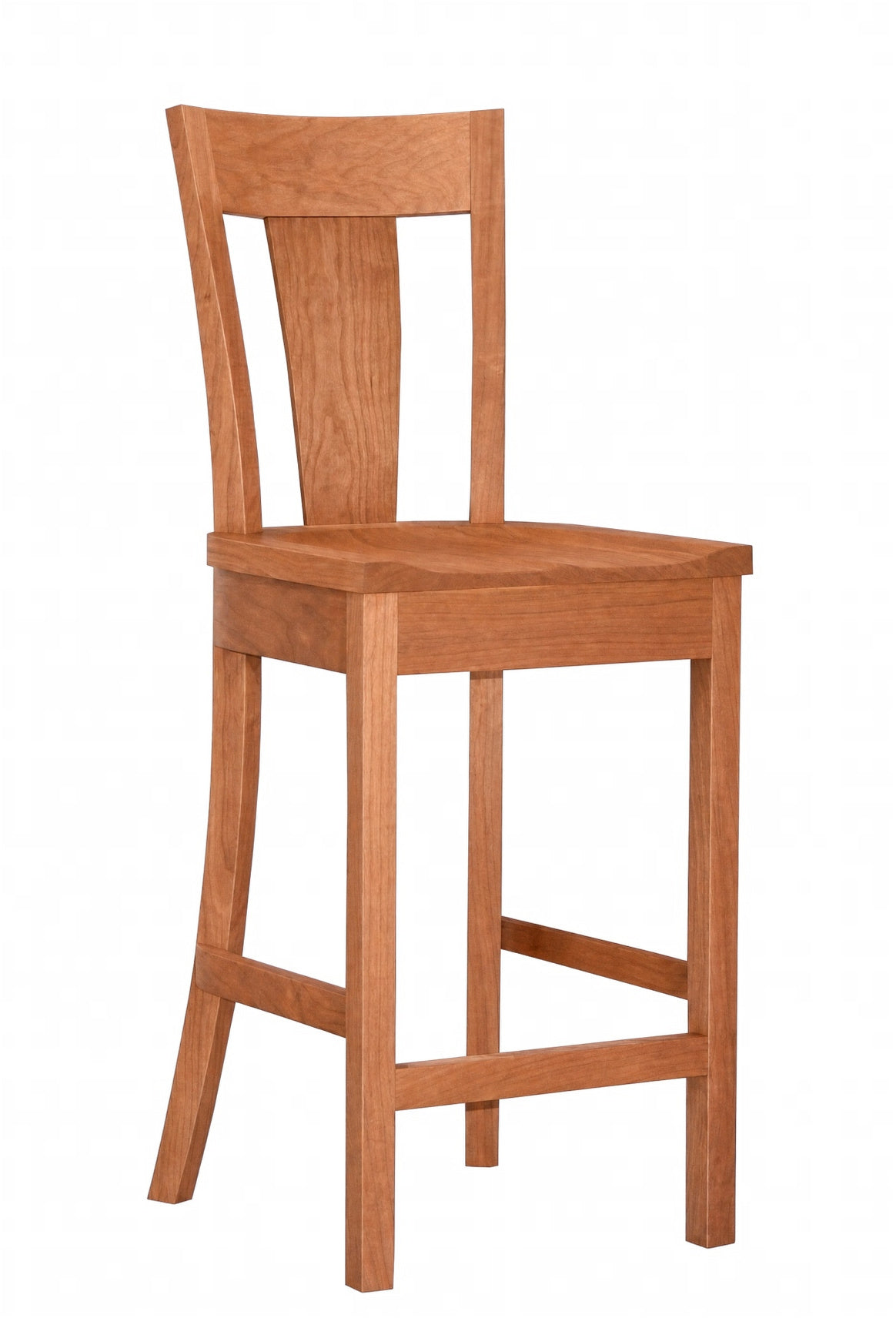 A wooden barstool with a warm medium-brown finish, featuring a slatted backrest and front support rails, shown against a plain white background.